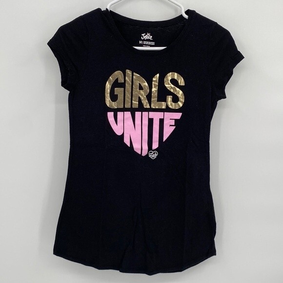 Justice Girls Black Short Sleeve Girls Unite Graphic Tee Shirt size 14 - Picture 1 of 6